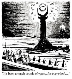 Weeping Eye of Sauron as two orcs empathetically discuss the current emotional climate.
