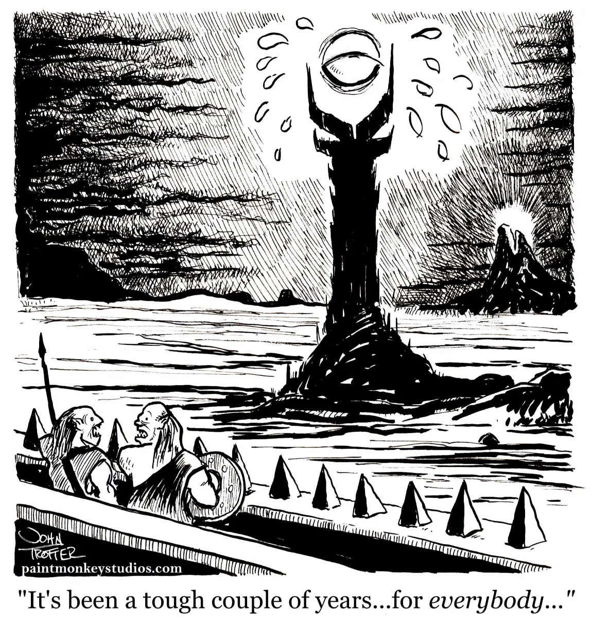 Weeping Eye of Sauron as two orcs empathetically discuss the current emotional climate.