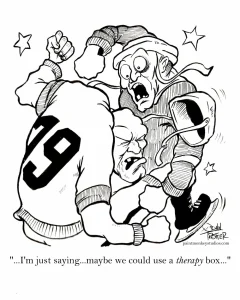 Two hockey players talking while fighting on the ice.
