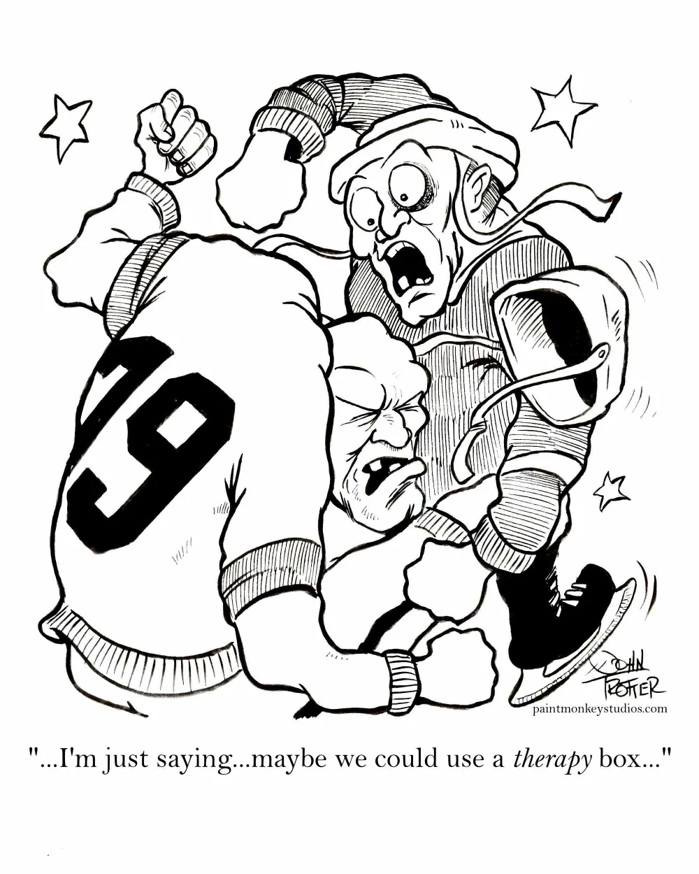Two hockey players talking while fighting on the ice.