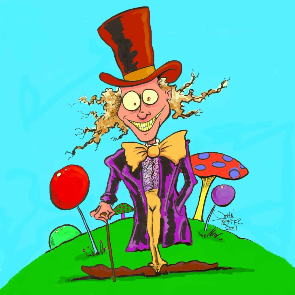 Cartoon Willy Wonka with giant candy mushrooms and lollipops in the ground.