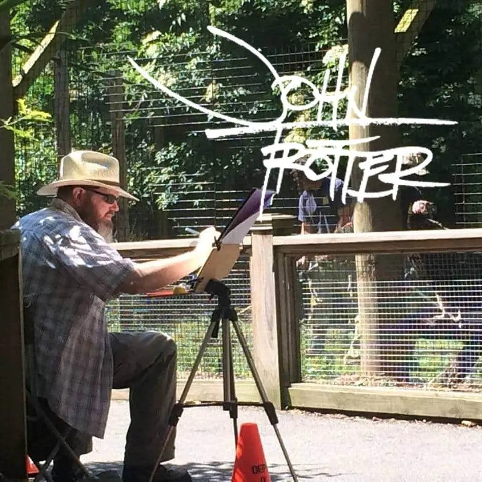 John painting at the zoo. His signature is in the upper right corner.