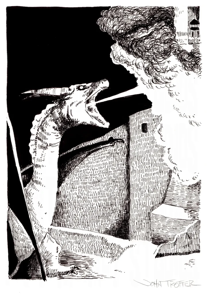 Pen and ink of a dragon torching a castle.