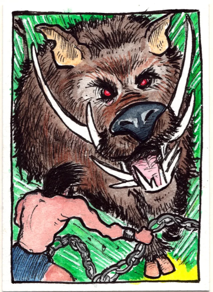 Ink and mixed media of Hercules facing down the Erymanthian boar with chains.
