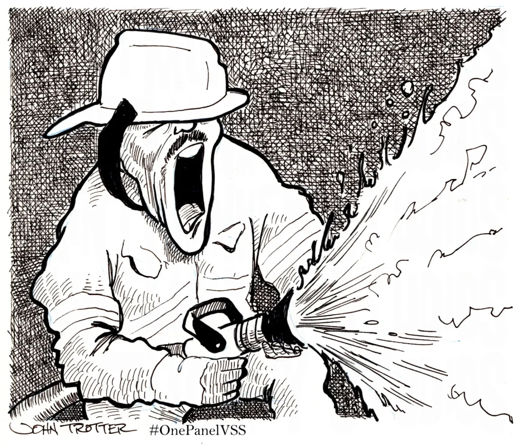 Ink drawing a fireman spraying a hose and screaming wildly.