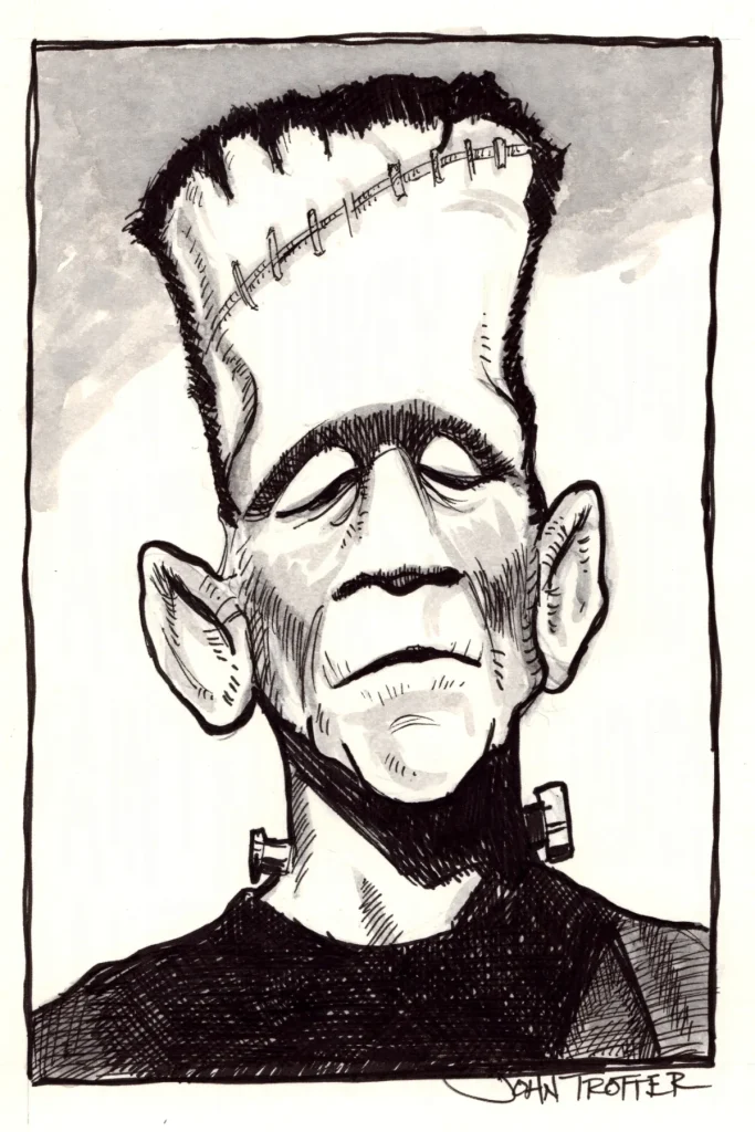 Black and white ink wash of Frankenstein's monster's head.