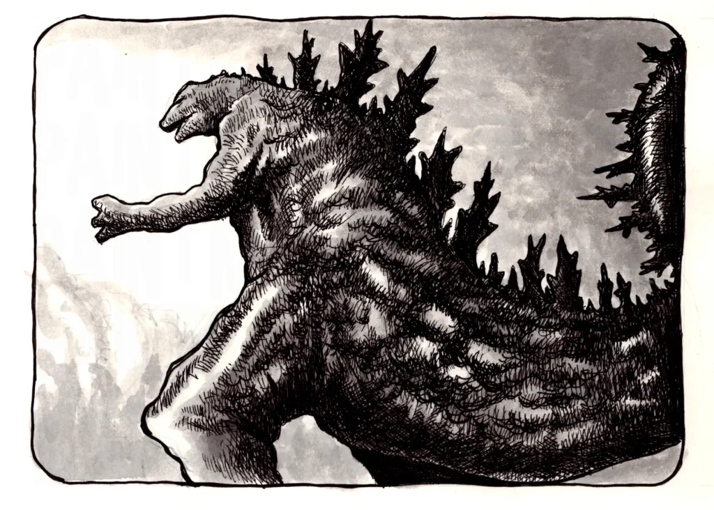 Ink and wash drawing of Godzilla looking upward at the monster.