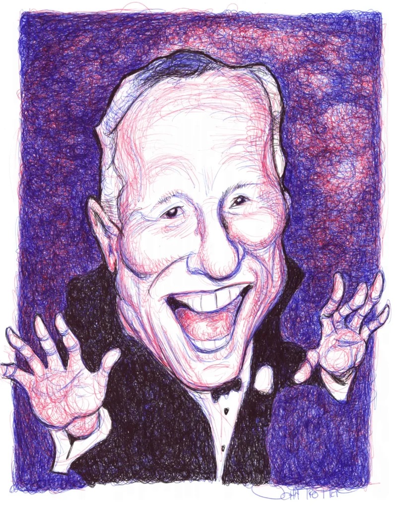 A portrait of comedy legend Mel Brooks done entirely in red, blue, and black ballpoint scribbles.
