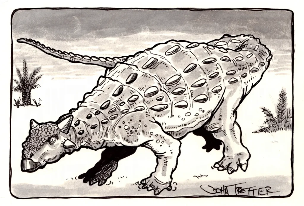 Pen and ink wash of an armored nodosaur.