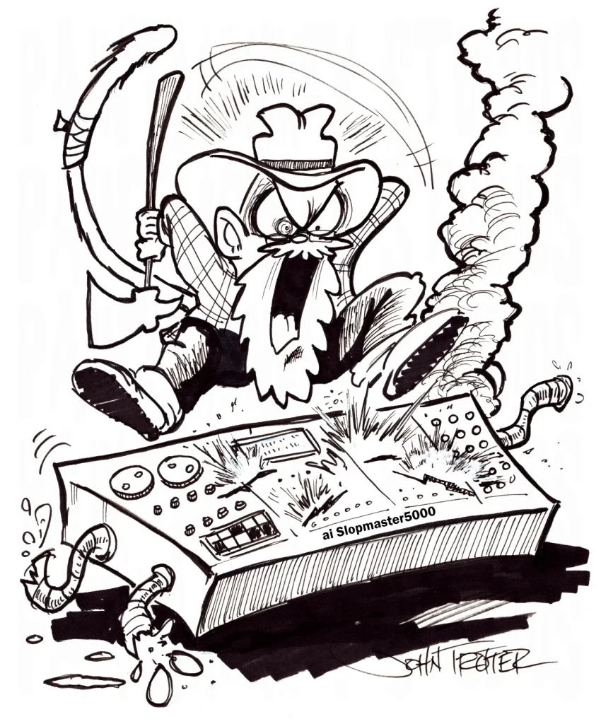 Ink cartoon of the Paintmonkey axing an old school compute with "ai slopmaster5000" on the side.