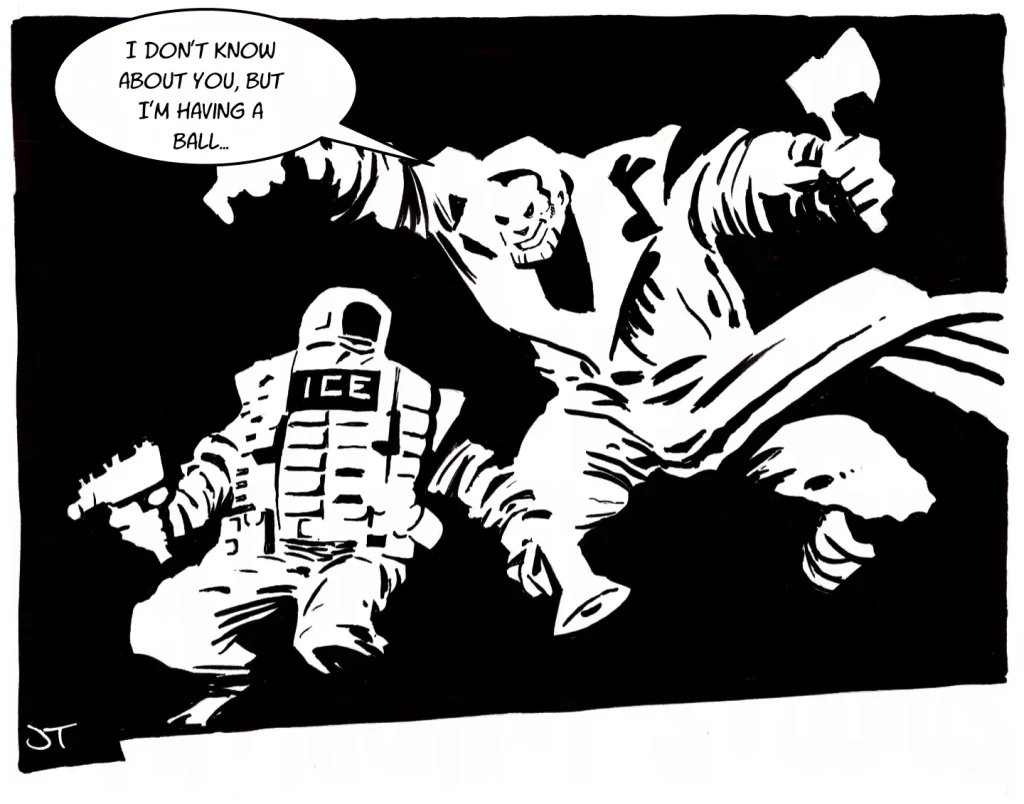 Black and white image of Marv from the Sin City series attacking an ice officer.
