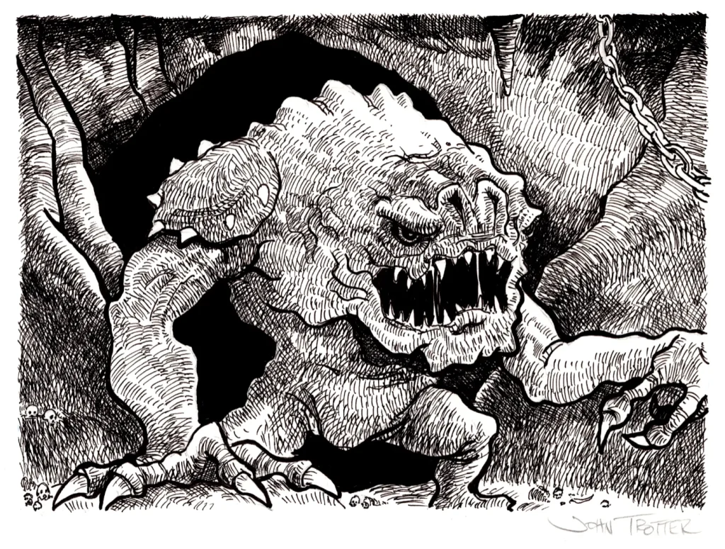Pen and ink drawing of a rancor from the Star Wars universe.