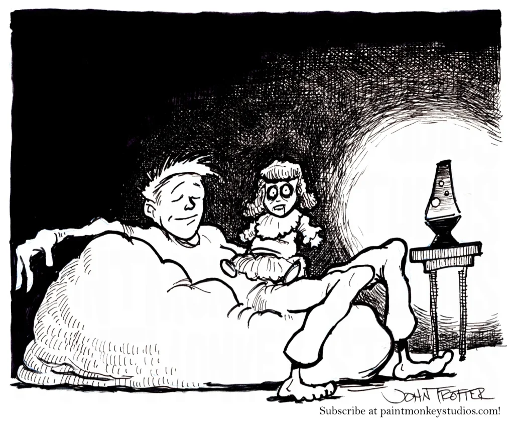 Ink drawing of a man relaxing on a bean bag chiar with a haunted doll on his lap and a lava lap on the end table.