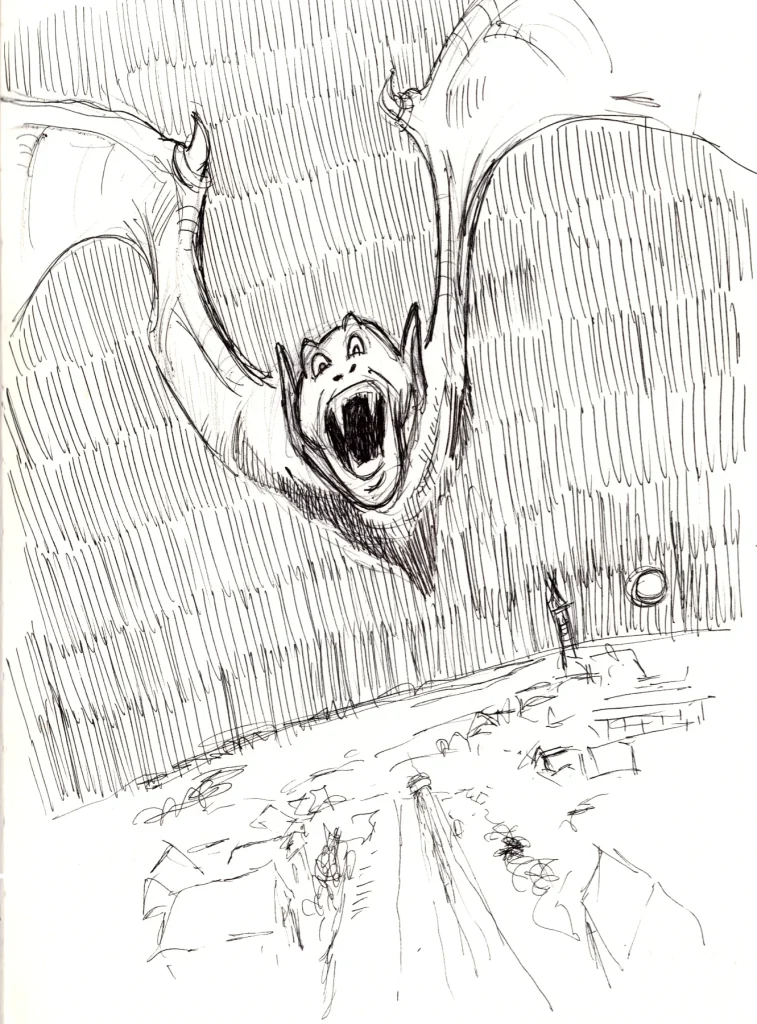 Ballpoint sketch of a vampire flying above a small village.