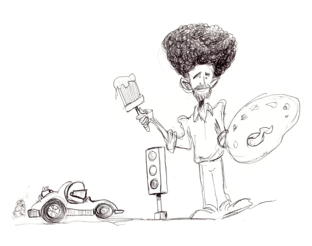 Ballpoint sketch of a small racecar next to a starting light next to Bob Ross with a palette in his hand.