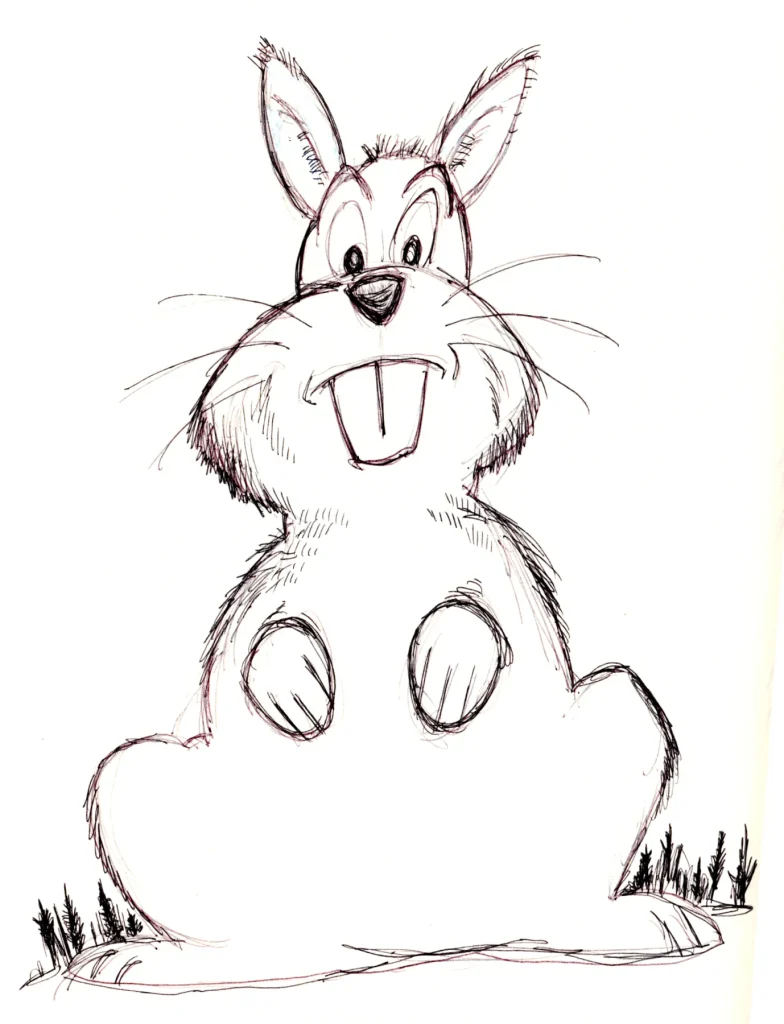 Ballpoint sketch of a giant kaiju bunny standing above trees.