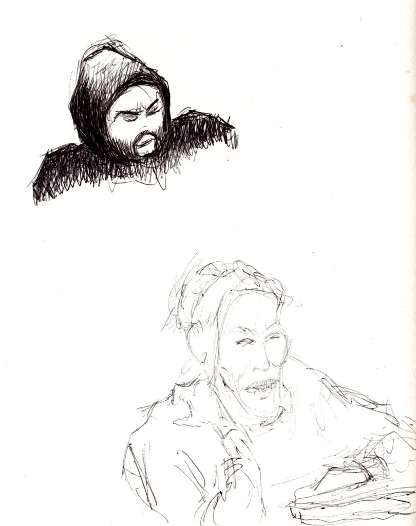 Ballpoint sketches of people drawn at a coffee shop. Heads and upper bodies.