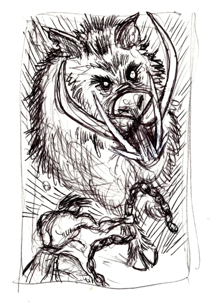 Ballpoint sketch of Hercules facing off with the Erymanthian boar.