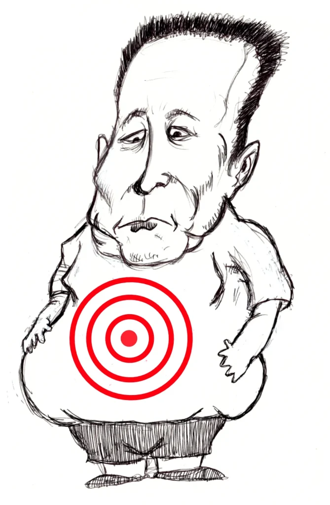 Ballpoint cartoon of elon musk with a target on his belly.