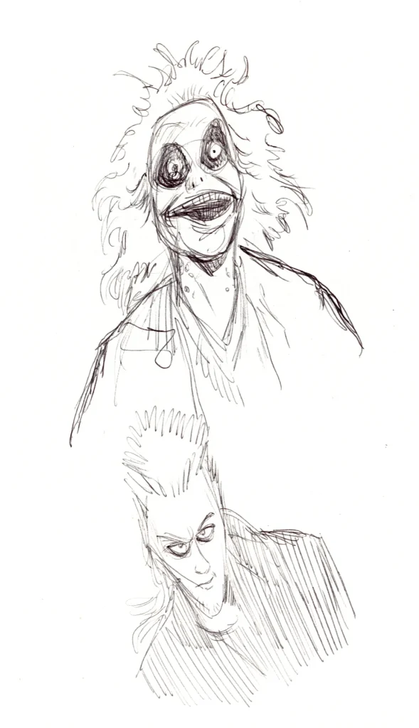 Ballpoint sketch of Beetlejuice and David from the Lost Boys.