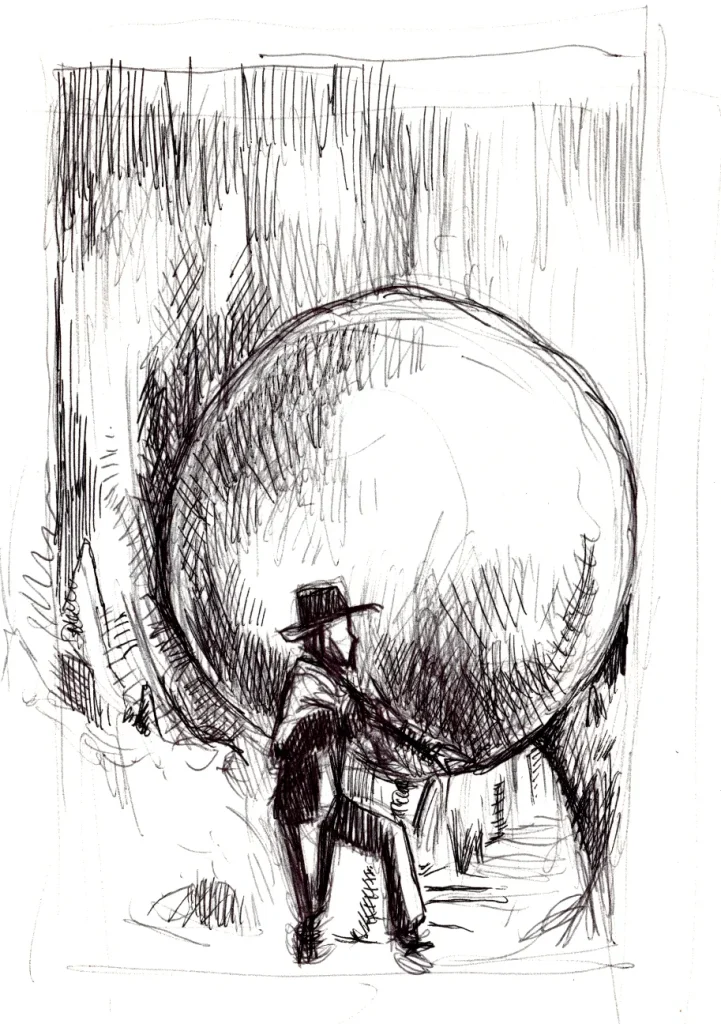 Ballpoint sketch of Indiana Jones running from the boulder in Raiders of the Lost Ark.