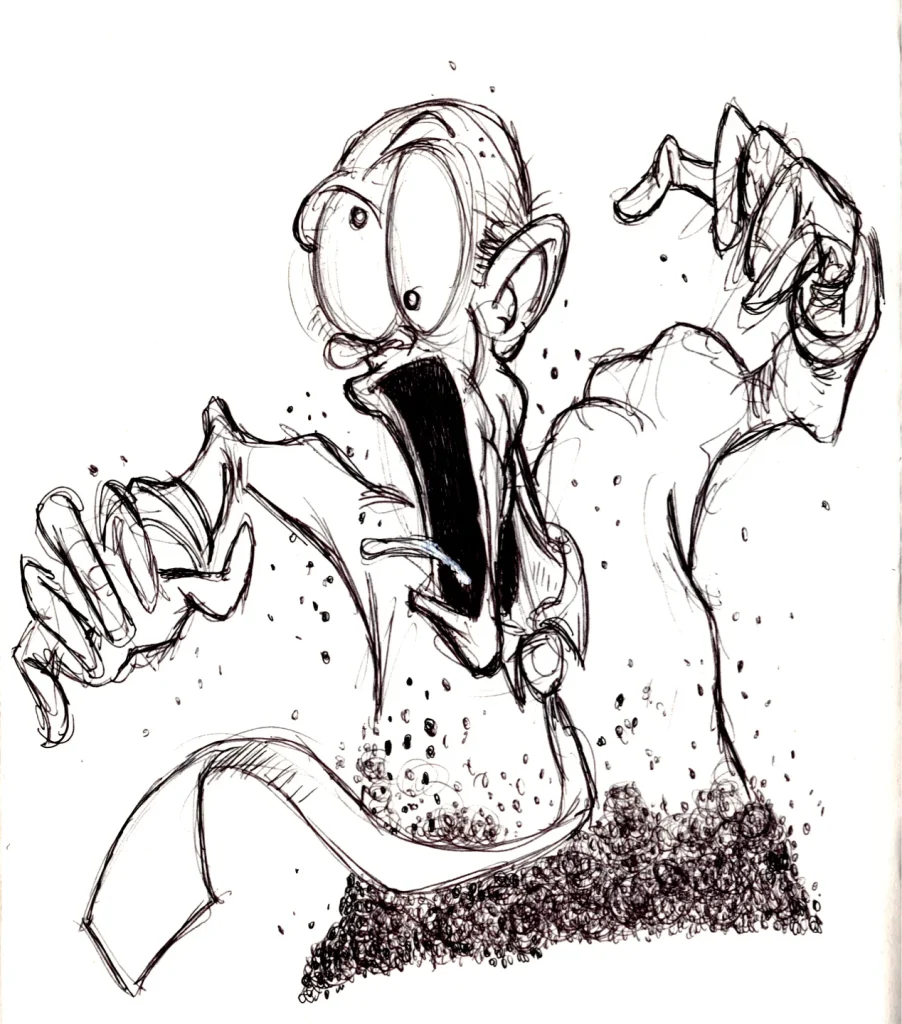 Ballpoint cartton sketch of Kevin o'leary being eaten by fire ants.