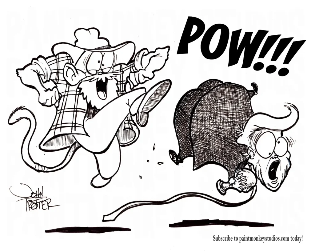 Black and white cartoon of the Paintmonkey kicking trump in the rear end while he clutches his fifa "peace prize".