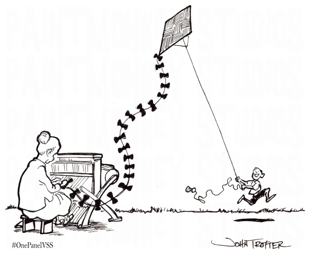 Ink drawing of a woman at a loom with the tail of a kite coming out while a boy runs across the meadow with the kite.