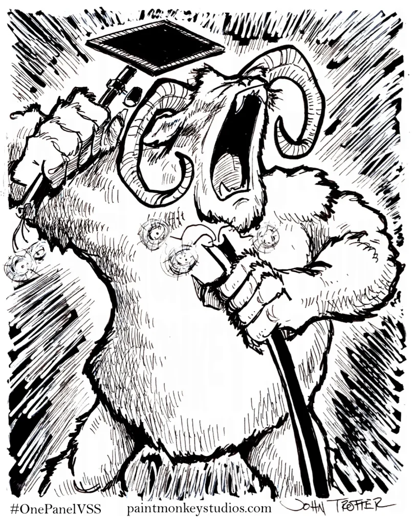 Ink drawing of a horned deast monster tearing apart a flock camera.