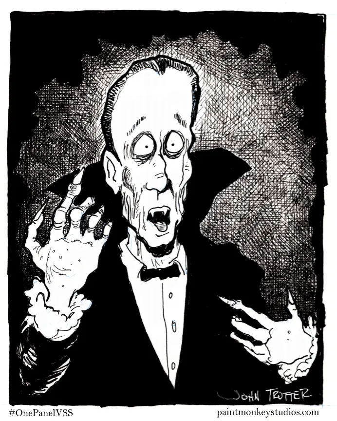 Black and white ink drawing of a vampire looking desperately forward with his hands helplessly in the air.