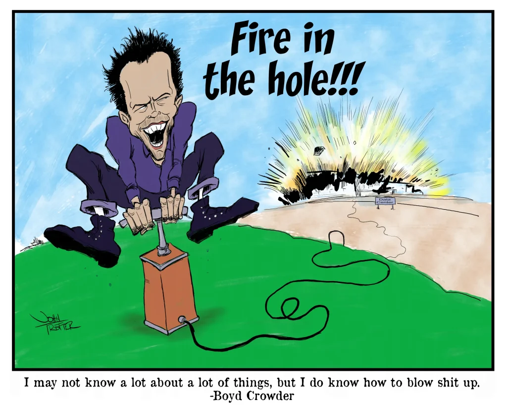 Cartoon of Boyd Crowder blowing up a building in the background with a dynamite plunger like a WB cartoon.