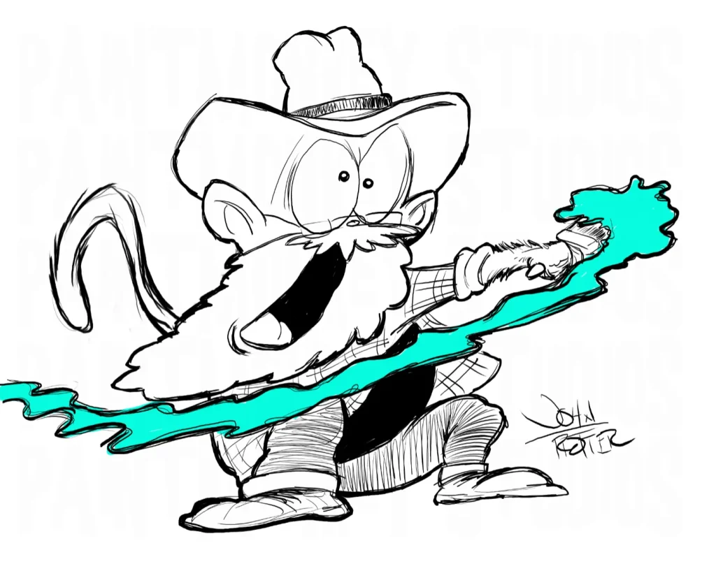Digital artwork of the Paintmonkey swinging a paintbrush in front of him.