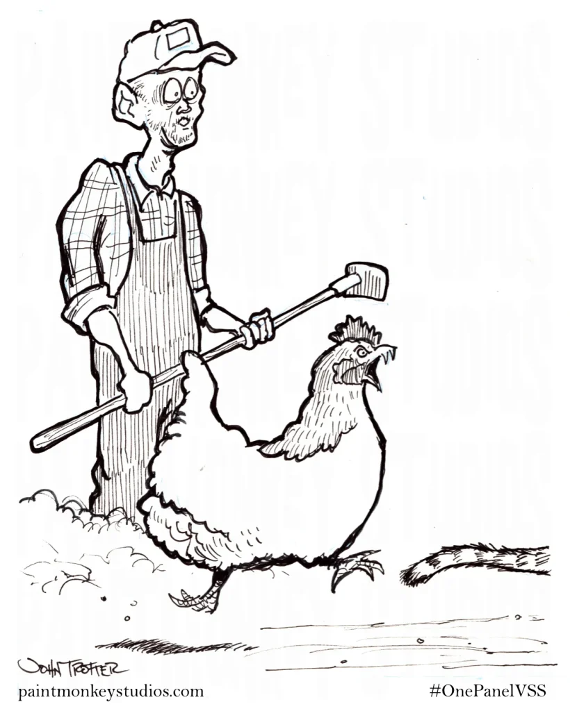 Ink drawing of a farmer watching in shock as a fanged chicken chases a cat off panel.