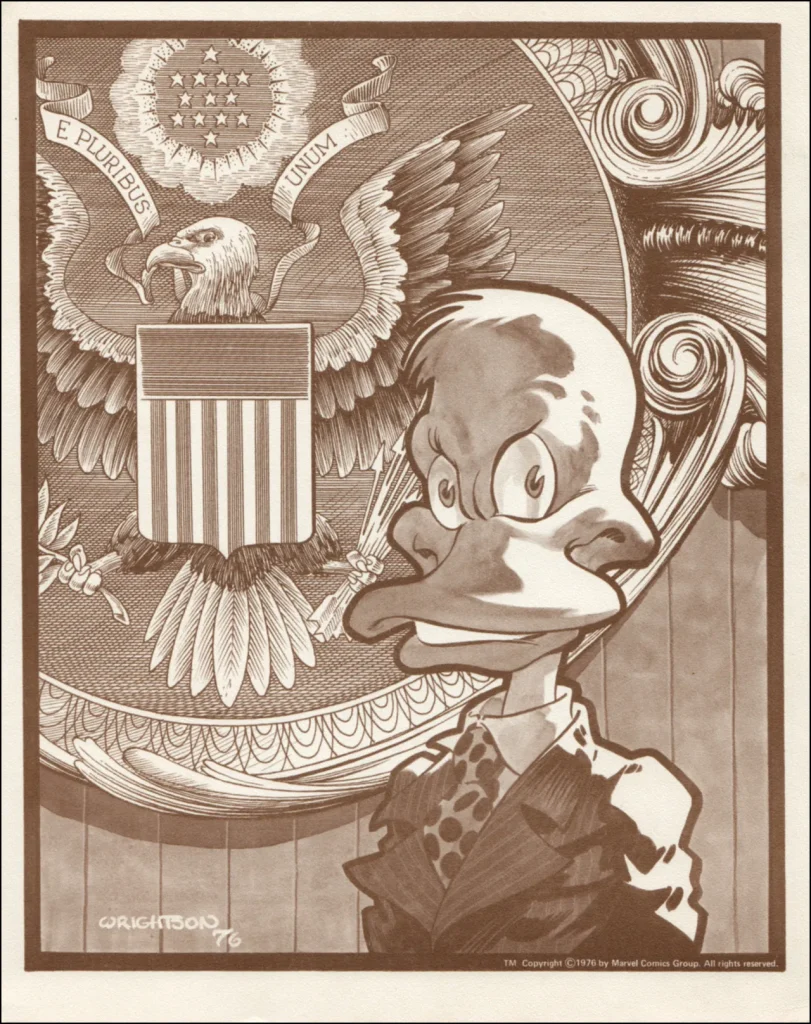 Image of Howard the Duck in front of the presidential seal by Bernie Wrightson from 1976.