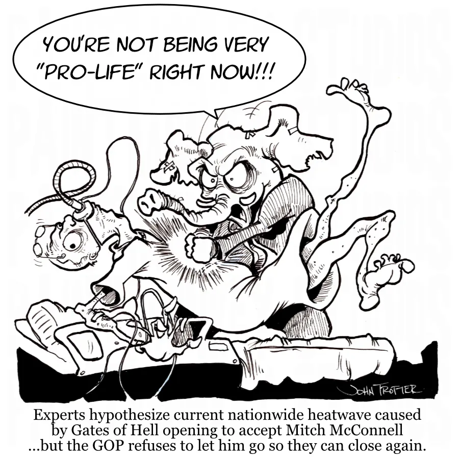 Black and white cartoon of the GOP elephant smashing Mitch McConnell with cpr-like hits to the chest to keep him alive.