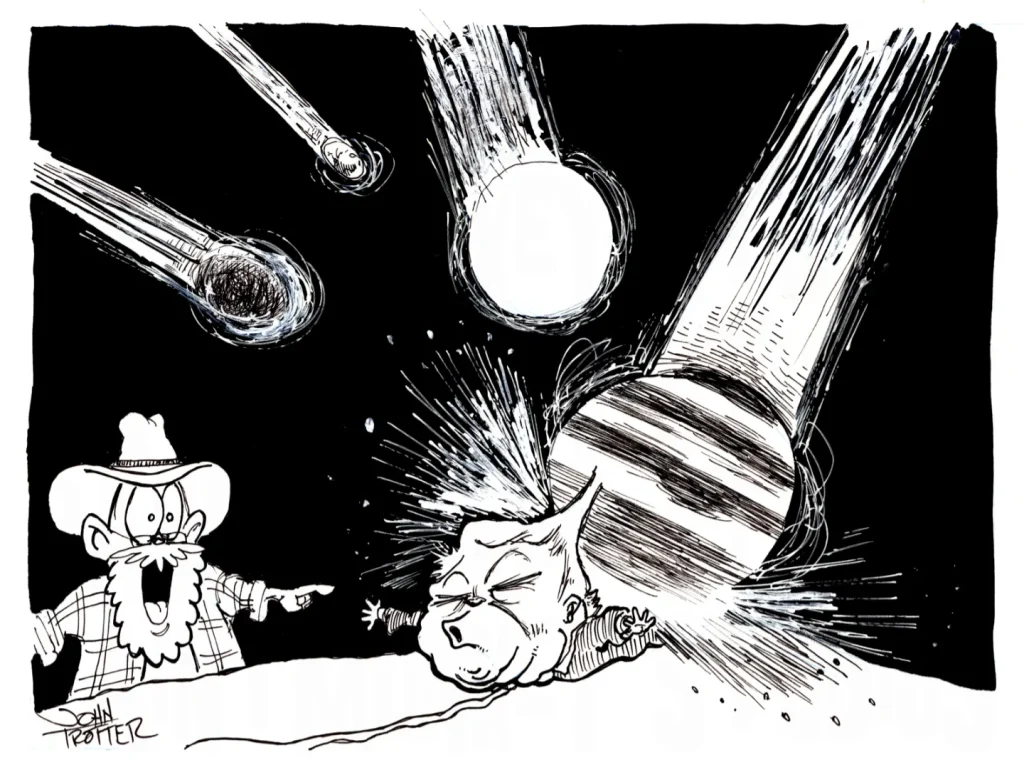 Ink drawing of the Paintmonkey watching while planets fly into the back of trump.