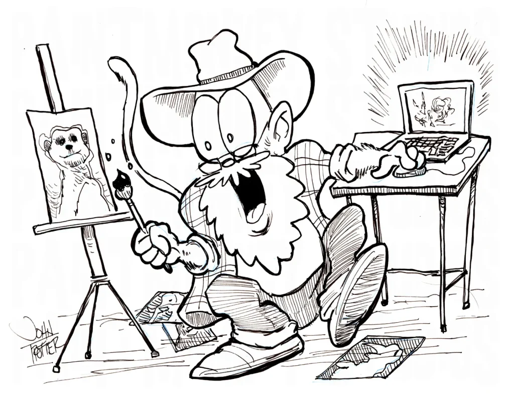 Ink cartoon of the Paintmonkey working on a Painting and a computer at the same time with paintings on the floor.