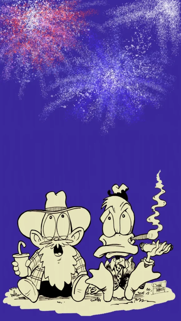 Cartoon of the Paintmonkey and Howard the Duck sitting in the grass having hotdogs and soda and watching fireworks.