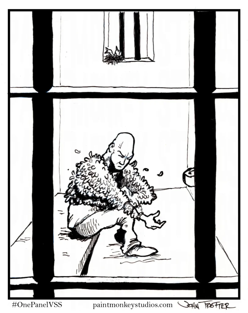Ink drawing of a man seemingly putting feathers onto his shirt. A birds nest with hatchlings is in the window.