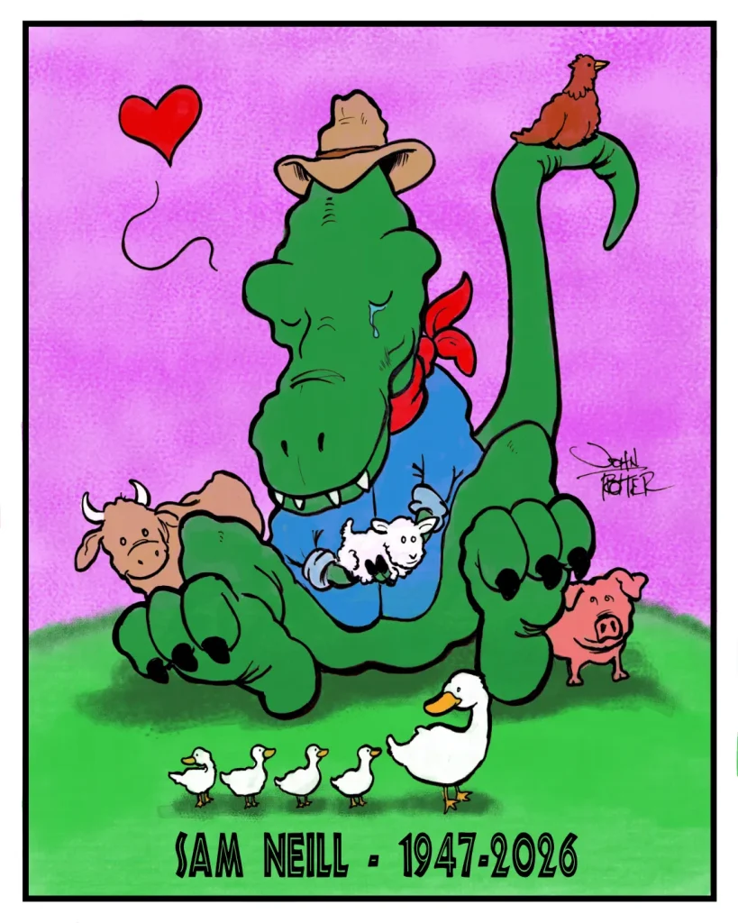 Ink and digital colored drawing of a t-rex in Alan Grant attire cuddling farm animals while a tear rolls down his cheek.