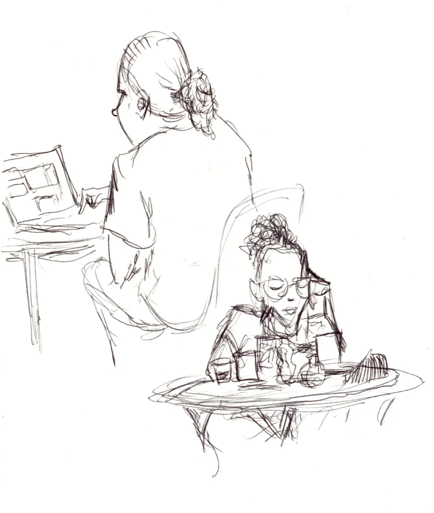 Ballpoint sketches of women on the phone and/or a computer at a coffee shop.