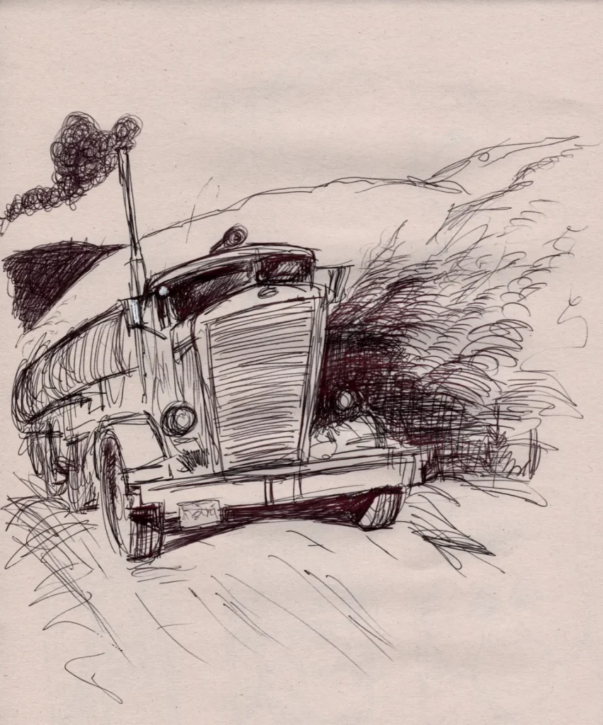 Ballpoint sketch on newsprint of a 1957 Peterbilt truck.