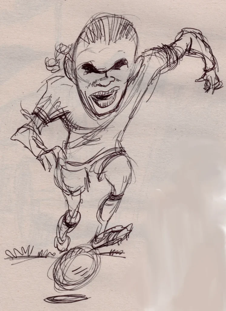 Ballpoint sketch of Norwegian striker Erling Haaland on newsprint.