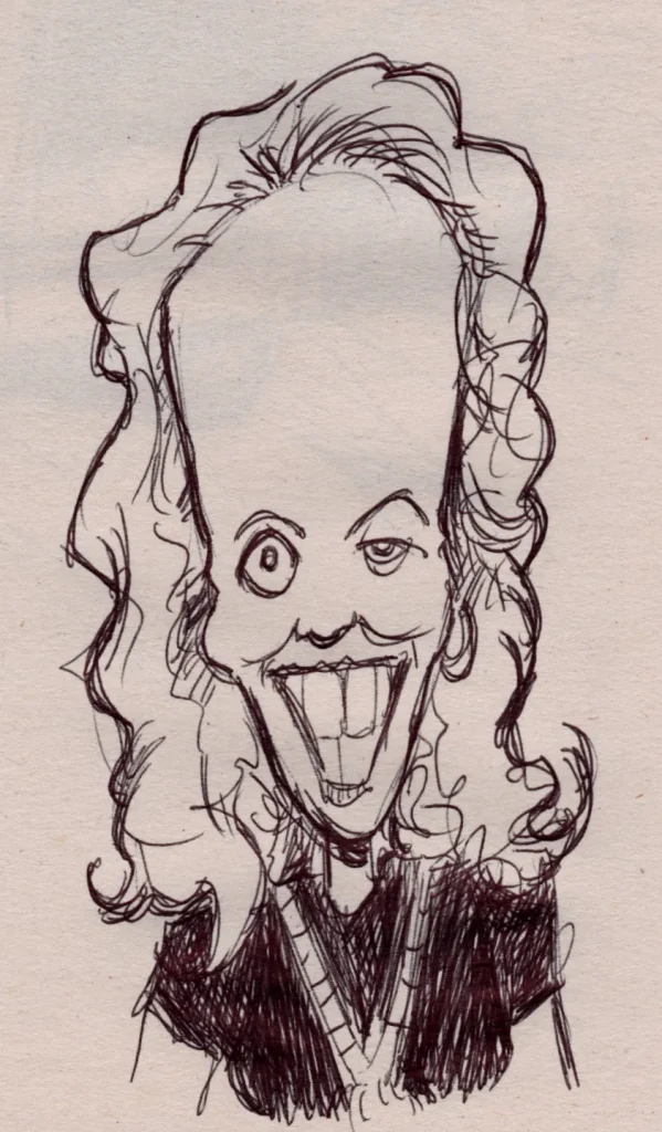 Ballpoint caricature of a woman with a large forehead.