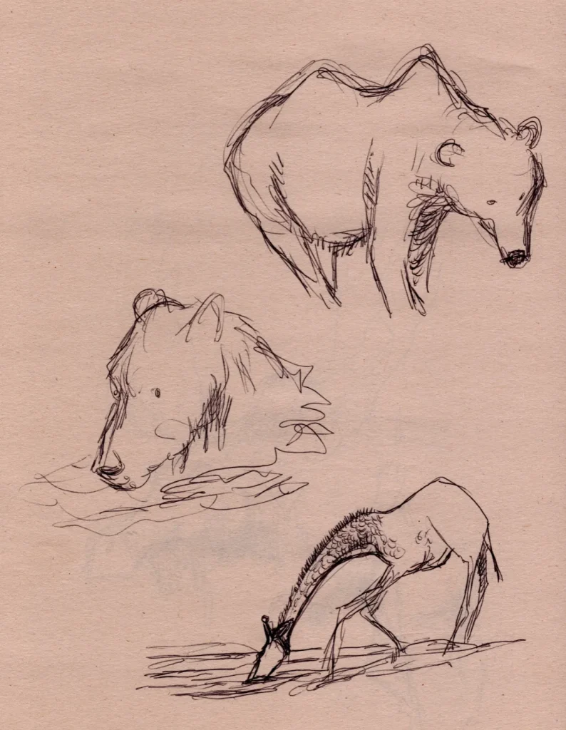 Ballpoint sketches of grizzly bears and a giraffe on newsprint.
