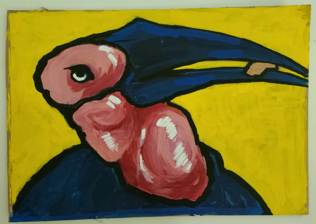 Acrylic painting of a Southern Ground Hornbill on cardboard.