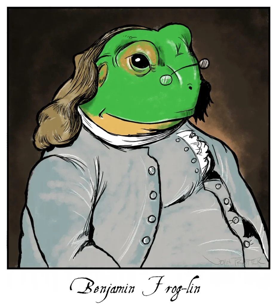 Cartoon mimicking an oil portrait of Benjamin Franklin...only as a frog.