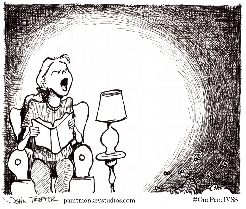 Ink drawing of a young woman sitting in an armchair reading a book while sticking her tongue out and smelling something awful while a body shows partially in the opposite corner.