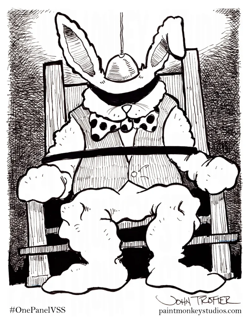 Ink drawing of a man in a bunny suit strapped into an electric chair.