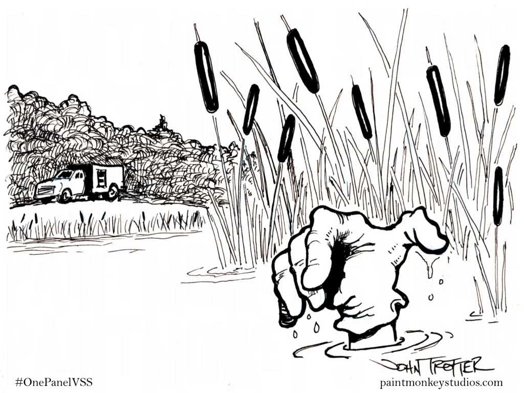 Ink drawing of a hand wearing a glove emerging from a pond amongst reeds and grasses while a rescue truck sits on a hill in the distance.